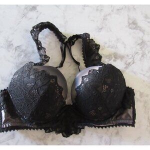 Pleasure State Bra 34C Black Gray Lace Padded Push Up Underwire